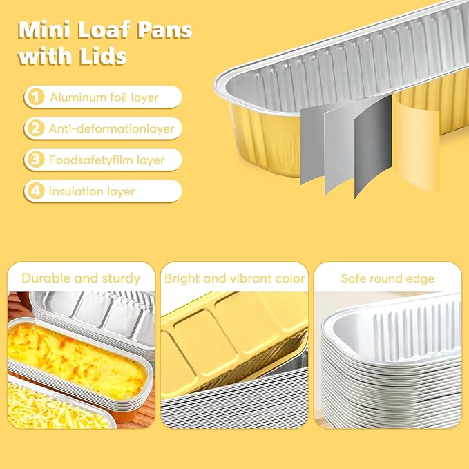 Ruckae 100 Pack Mini Loaf Pans with Lids and Spoons Disposable Aluminum Tin Foil Pans Rectangle Mini Loaf Cake Pan for Baking,Party,Picnics,Gifts (Gold)