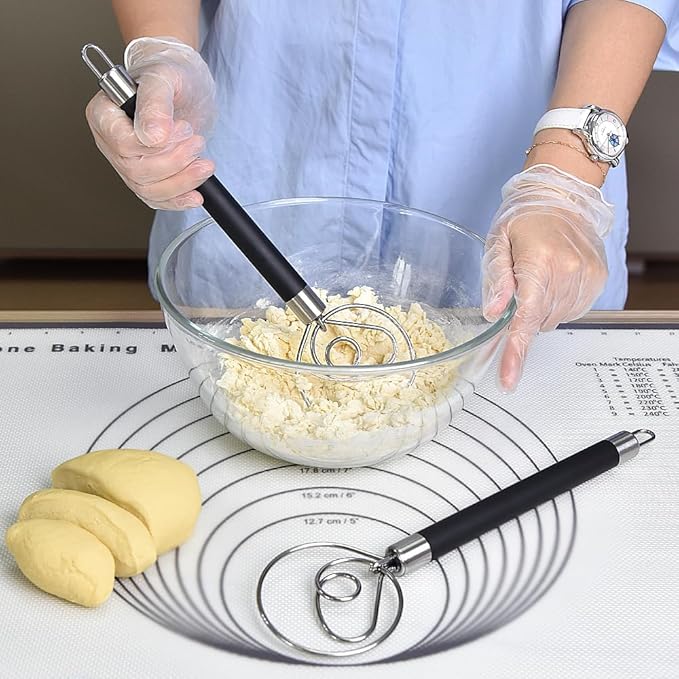 Guowall Stainless Steel Dough Whisk for Dutch Bread with Rubber Anti-slip Handle Manual Dough Mixer Pastry Blender Whisking Tools for Baking - 12 inch