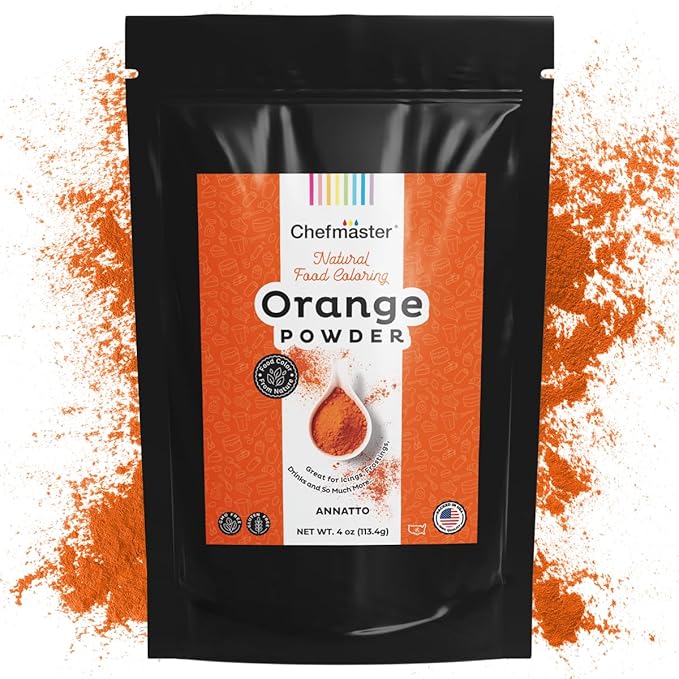 Plant-Based Natural Food Color Powder by Chefmaster, No Artificial Dyes, Annatto Powder for Icing, Fondant, Buttercream & Decorating, Quality Crafted in California USA, Orange, 4 oz