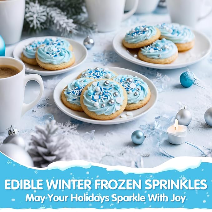 Christmas Edible Blue Silver White Sprinkles,Winter Jimmies Pearls Mix,130g/4.58oz,Perfect for Cake Decorations,Cake and Cupcake Sprinkles with Assorted Shapes and Sizes for Parties Baking, Ice Cream, Cookies, Cupcake Topper