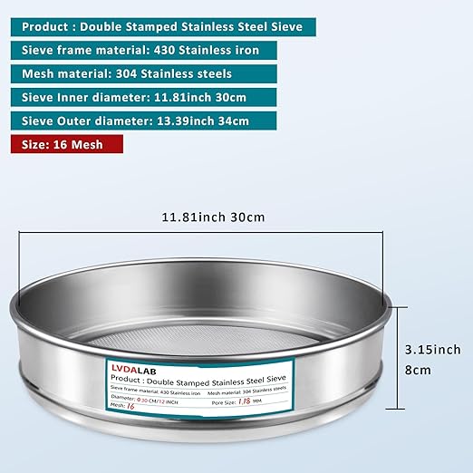 304 Stainless Steel Lab Sieve Screen Mesh, 16 Mesh(1.18mm) Aperture Test Sieve, 12Inch(30cm) Diameter Economy Standard Analysis Sample Test Sieves for Industrial Laboratory Homes