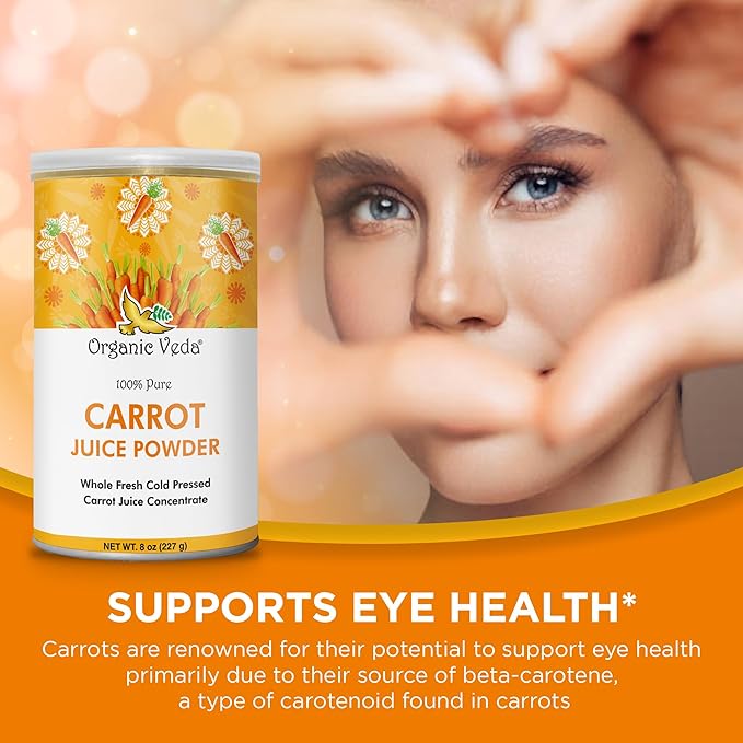 Organic Veda Carrot Powder - Made with Whole Fresh Cold Pressed Carrot Juice Concentrate - Ideal for Juice, Smoothie, Baking & Cooking - 100% Pure & Natural, 8 oz