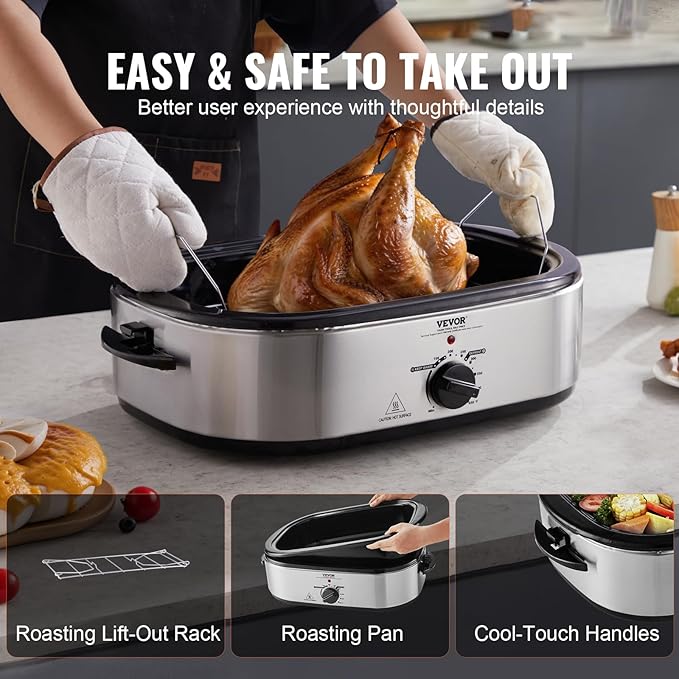 VEVOR Electric Roaster Oven with Defrost & Warm Function, 18 QT Turkey Roaster Oven with Self-Basting Lid, 1450W, Adjustable Temperature, Removable Pan & Rack, Fits Turkeys Up to 22LBS