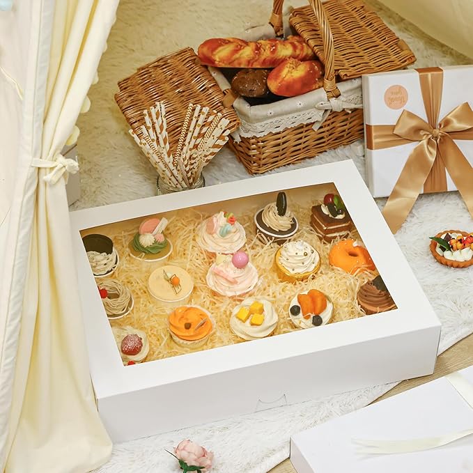 Moretoes 10pcs 19x14x4in Half Sheet Cake Boxes with Window,White Bakery Boxes, for Pastry Baking Cake Donuts Cupcake Pie Packaging