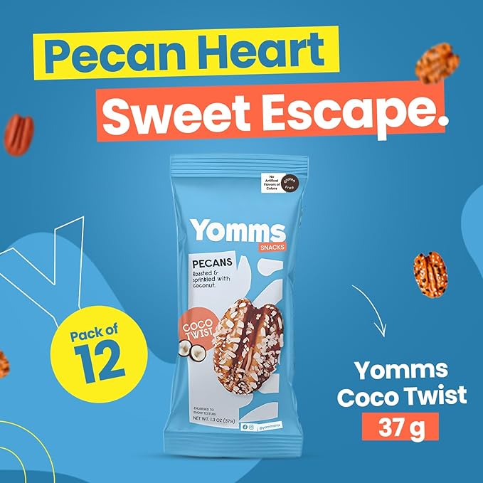 Yomms Coco Twist Pecans Halves – Low Sugar Healthy Dessert Snack | Sweet Coconut & Crunchy Pecan Snack | Lightly Sweetened, Honey Roasted Mixed Nuts | Great for Snacking, Salads - 1.3oz - Pack of 12