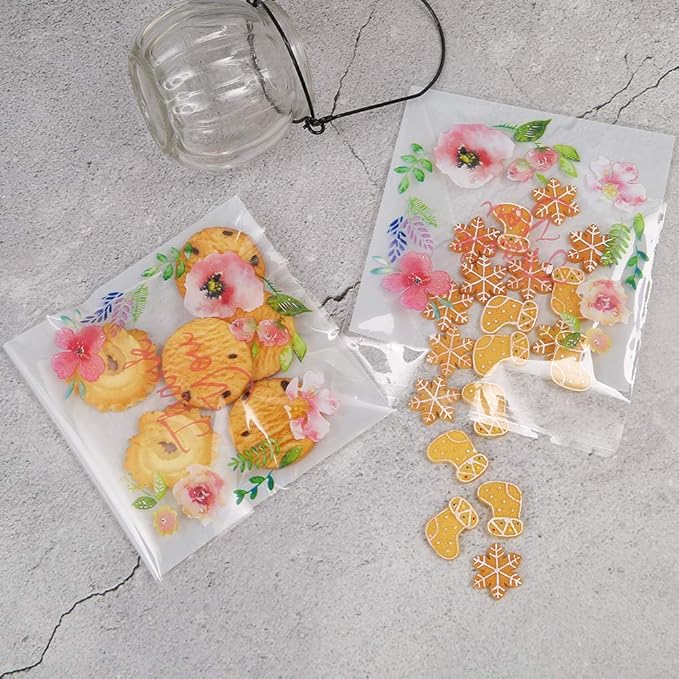 200pcs 5.5x5.5in Thank You Candy Bags Individual Cookie Wrappers Pink Flower Self Adhesive OPP Cookie Bakery Bags Roasting Treat DIY Translucent Plastic pouches