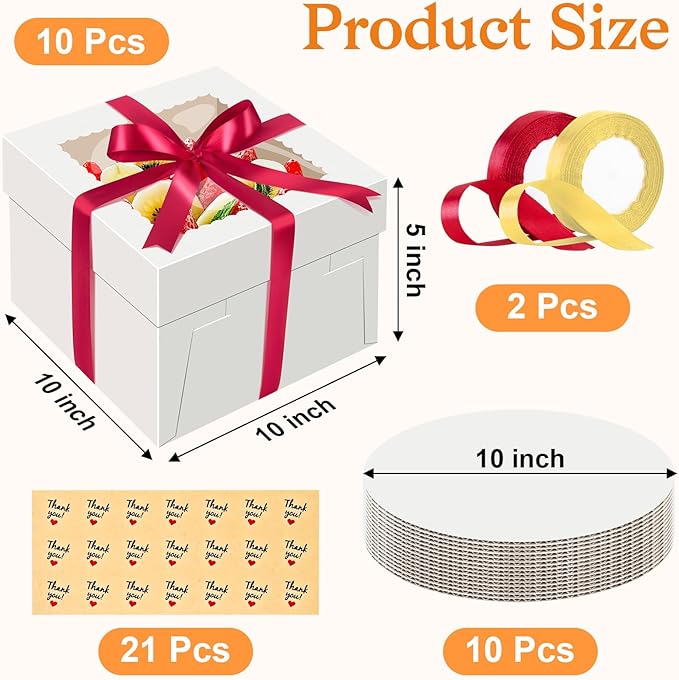 Sudaya 10x10x5 Cake Boxes with Window, Cake Boxes 10 inch Tall with Cakes Box Ribbon Stickers, 10in Disposable Carry Bakery Containers Cajas Para Pasteles for Pies Party Wedding Gift Giving