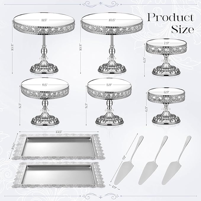 12-Piece Silver Cake Stand Set, Vintage Cake Stand with Crystal Edge and Cupcake Display Tray, Dessert Table Display Set for Wedding, Party, Baby Shower, Anniversary Celebration