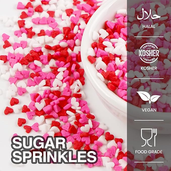 Sweet Mini Heart Sprinkles Sugar, Valentines Love Sprinkles for Cupcake Decorating, 150g/5.29oz Mix Edible White Pink and Red Candy, Cookie, cookie eyeballs, Wedding Party Supplies