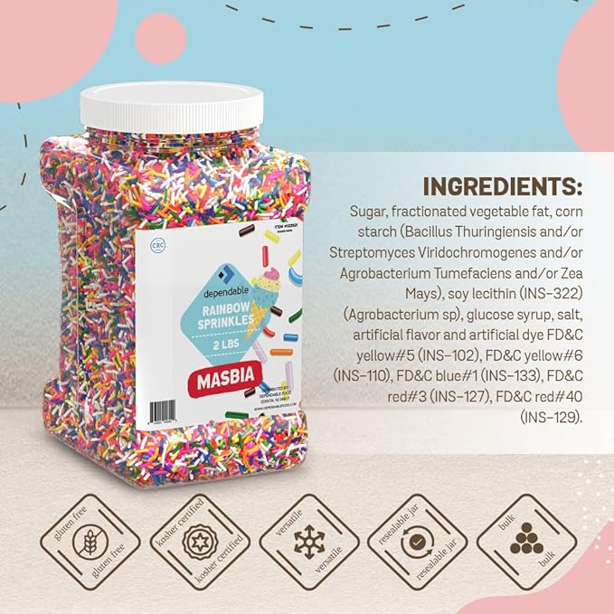 Dependable Food Rainbow Sprinkles - 2 Lb. Bulk Container - Gluten-Free, Kosher, Colorful Jimmies for Cake Decorating, Cupcakes & More - Resealable Jar