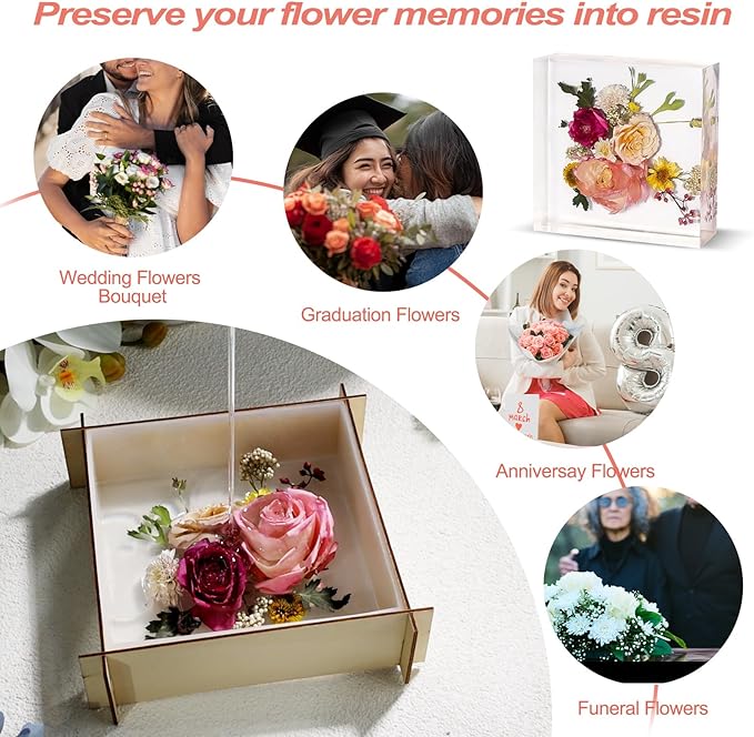 LET'S RESIN 8Pcs Resin Molds Silicone,Deep Epoxy Resin Molds for Flower Bouquet Preservation,Large Silicone Molds for Resin Casting Craft Including Square Hexagon Heart Resin Mold