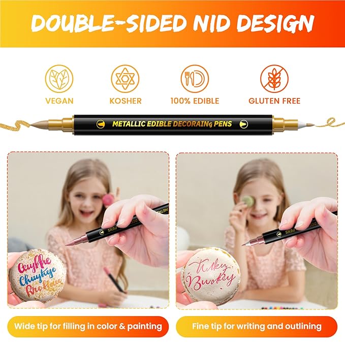 Jewem Edible Markers for Cookie Decorating, 10Pcs Upgrade Grade Metallic Markers Gold Shimmering Pens, Double Sided Tip Food Coloring Pens for Decorating Cakes, Fondant, Frosting, Easter Eggs, Macaron, Halloween, Christmas