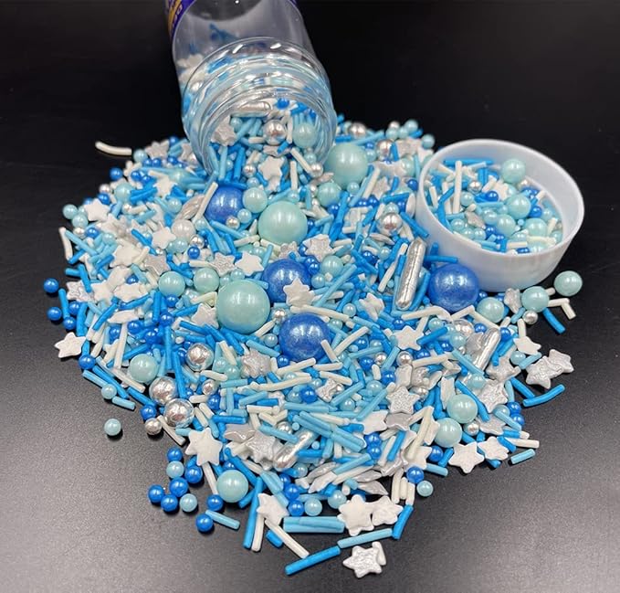 Blue Silver Sprinkles 120g/ 4.2oz- Christmas Edible for Cake and Cupcake Sprinkles with Assorted Shapes and Sizes for Parties, Metallic Sprinkle Mix for Cookies, Ice Cream, Cake and Cupcake Decorating