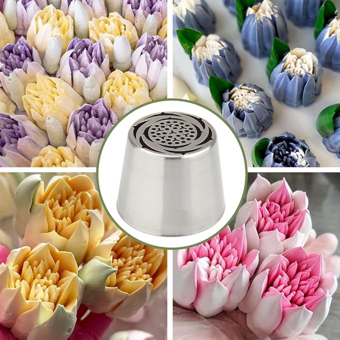 Extra Large Russian Piping Tip Set - 6 Stainless Steel Marshmallow Buttercream Framing Nozzles for 3D Roses Tulip Cake Decorations and Marshmallow Bouquets, Includes 1 Cleaning Brush(6E)
