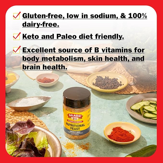 Bragg Nutritional Yeast Smoky BBQ Seasoning - 3 oz - Dairy-Free Parmesan Cheese Substitute - Perfect for Salads, Pastas, Popcorn, and More