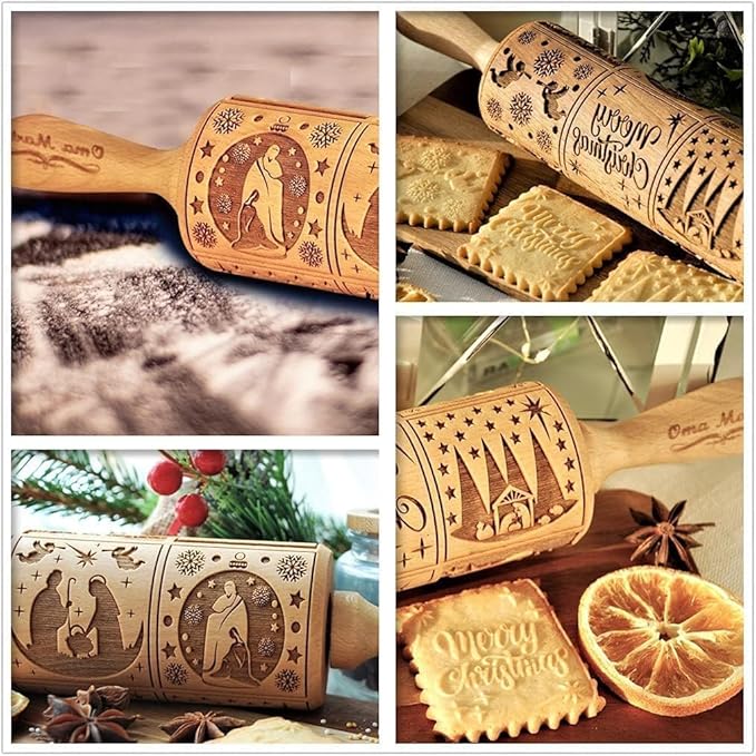 Christmas Wooden Embossing Rolling Pin - Engraved Snowflake Flower Design, Cookie Stamps Roller for Embossed Cookies, Cute Kitchen Decor DIY Baking Tool for Kids and Adults (9 Grilles Jesus)