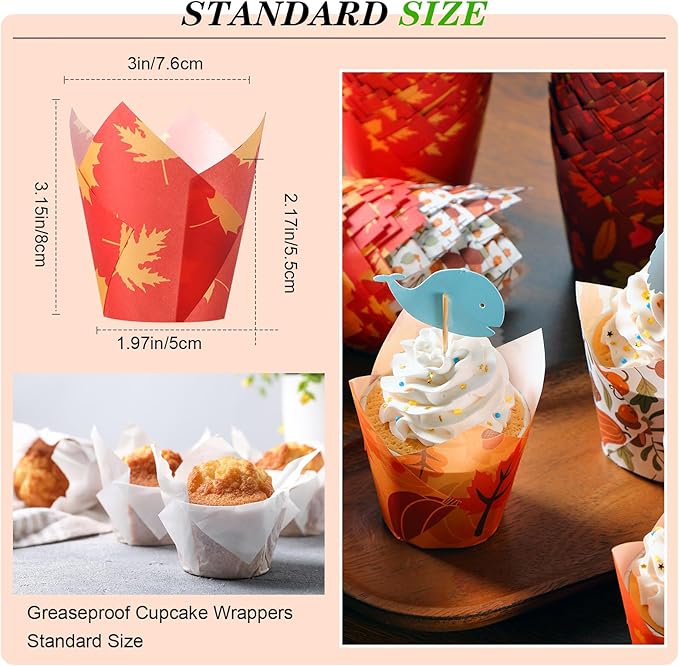 500 Counts Thanksgiving Tulip Cupcake Liners Birthday Party Muffin Cupcake Baking Liners Grease Proof Cake Liner Holders for Fall Christmas Halloween Birthday Party(Leaf)