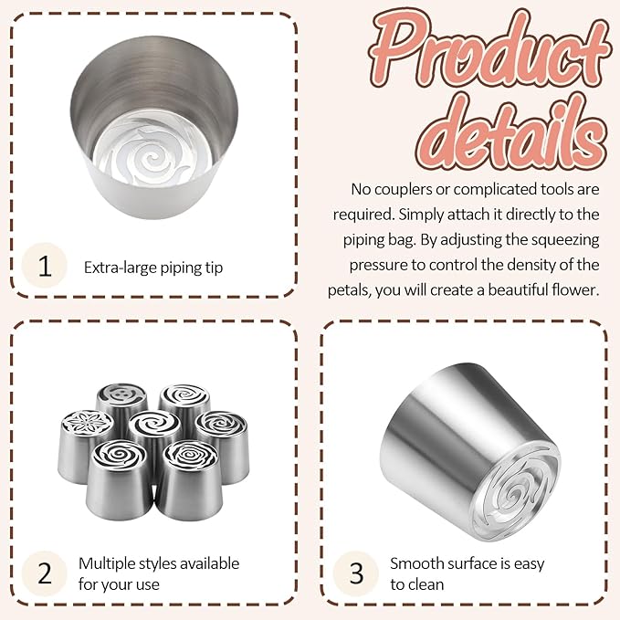 7 Pieces Extra Large Russian Piping Tips, Stainless Steel Icing Frosting Flower Piping Tips, Floral Cake Decorating Nozzle for Cookie Pastry Frosting Cream Baking Cupcake