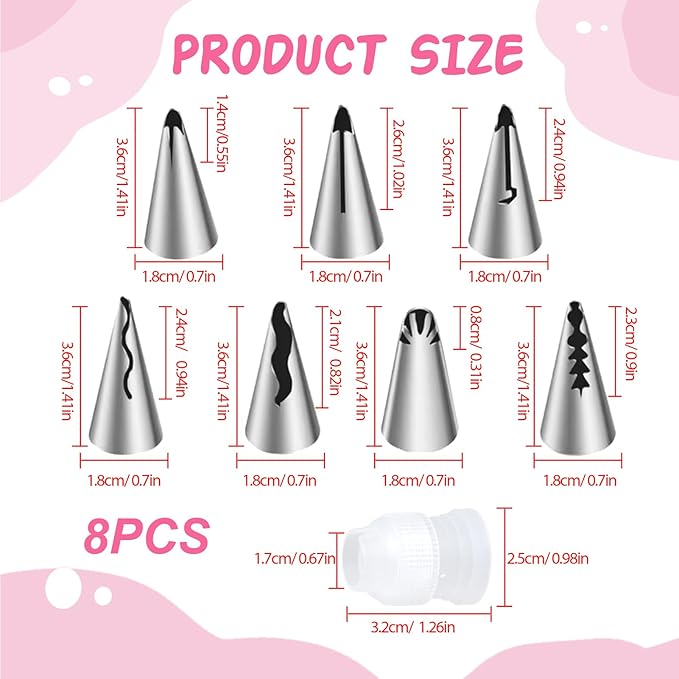 8 Pcs Cake Tips for Decorating Set, Stainless Steel Piping Tips for Icing Frosting and Baking, Suitable for Cupcakes Cookies and Pastry Decorating Pasteles Home Bakers