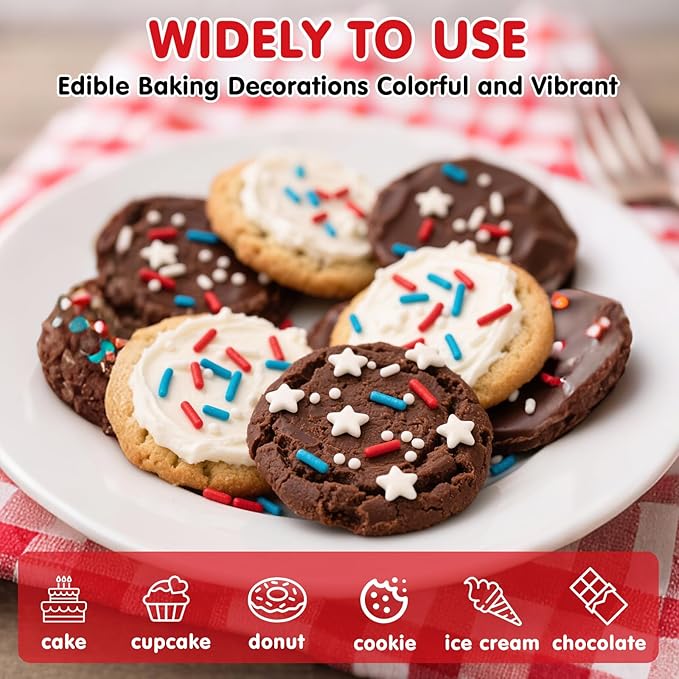 Edible Patriotic Sprinkles for Cake Decorating,Red White and Blue Jimmies Stars Sprinkle Mix, 100g/3.53oz, American Team USA Sprinkles,Baking,Ice Cream,Cookies,Cupcake Topper,Holiday Festival Valentines Christmas Party Decorations