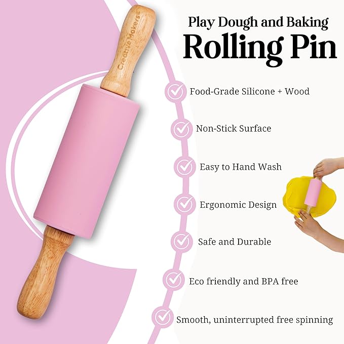 Small Rolling Pin for Kids, Non-Stick Silicone Surface with Wooden Handles for Play Dough and Baking Rolling Pin (Light Pink)