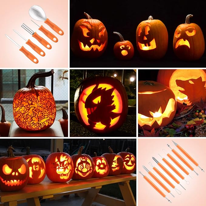 Pumpkin Carving Kit Tools Halloween, 13PCS Professional Heavy Duty Carving Set, Stainless Steel Double-side Sculpting Tool Carving Kit for Halloween Decoration Jack-O-Lanterns