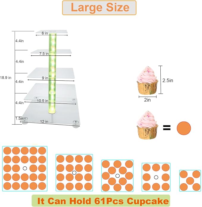 Cupcake Stand Acrylic 5 Tier Tower Display Cupcake Cake Stand with Remote LED Light,Multiple Color Changing Modes,Transparency Serving Tray for Any Parties Events(Large Size)