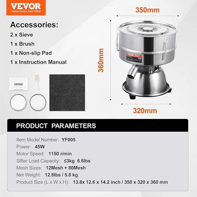VEVOR Automatic Electric Vibrating Sieve, Stainless Steel Sifter Shaker Machine with 12+80 Mesh, 45W Automatic Powder Sifter Machine Countertop, Electric Sieve Shaker for Flour Powers, Mungbean, Rice