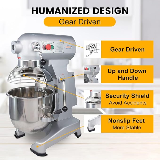 HAKKA Commercial Food Mixer 30Qt, Dough Mixer Machine with Stainless Steel Bowl 4 Functions 3 Speeds Adjustable 1100W/110V Heavy Duty Food Processer Stand Mixer With Safety Guard