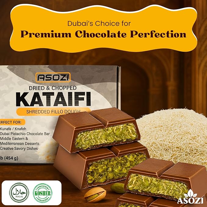 Dried & Chopped Kataifi 1lb - Authentic Middle Eastern Cookie Dough & Puff Pastry for Dubai Chocolate Filling for Kunafa, Baklava, and Desserts - 32oz, Natural Ingredients