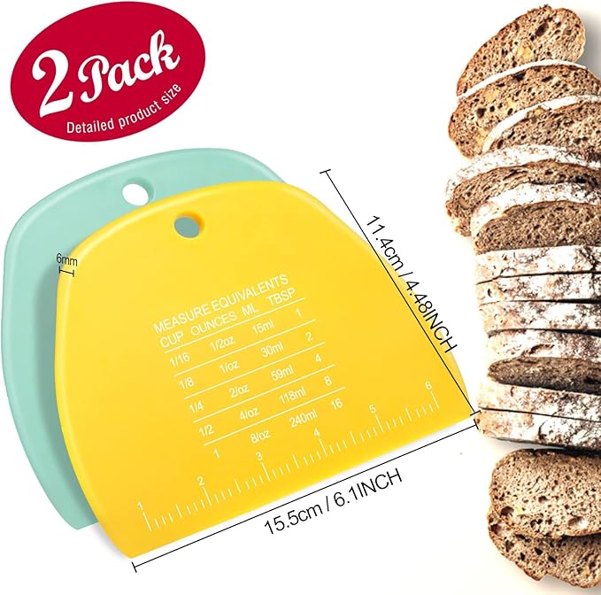 Teenitor 2 Pieces Dough Cutter, Bench Scraper Plastic, Sourdough Scraper, Dough Scraper with Measuring Scale, Multipurpose Food Scrapers for Dough, Cake, Bread, Icing Yellow and Green