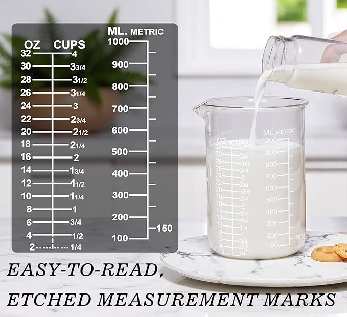 Ackers Etched Graduated Glass Measuring Cup - V-Shaped Spout- High Borosilicate Glass Measuring Cup for Kitchen or Dining, Easy to Read,1000 ML (32 Oz, 4 Cup)