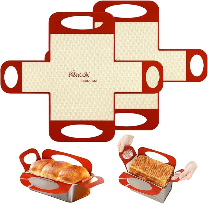 Silicone Baking Mats, 2 PACK Silicone Bread Loaf Pan Liner & Lifters with 4 Handles, Food-Grade Reusable Bread Sling, NonStick & Easy Clean Dough Transfer Baking Mat for 9 X 5 IN Loaf Pans