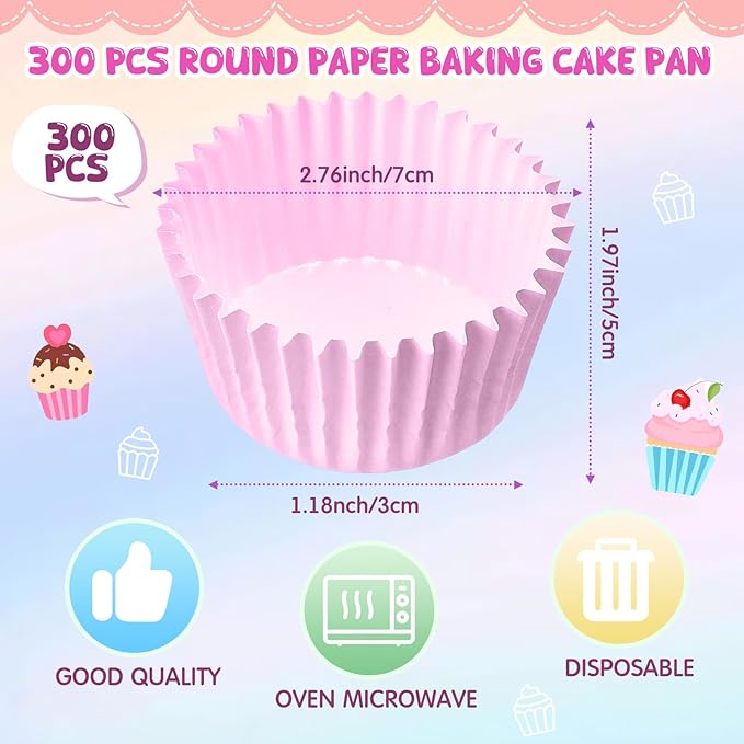 LemonRoad 300pcs Coated Paper Cupcake Liners for Baking Colorful Greaseproof Baking Cup for Muffin Dessert Candy Biscuit Cookies Brownie Wedding Birthday Party Baby Shower(Colorful,Round)