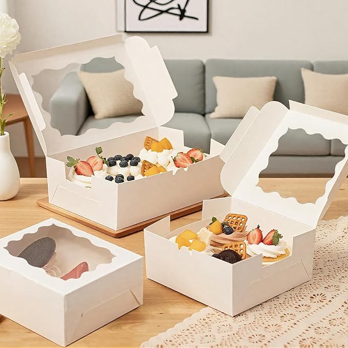 50pcs Cookie Boxes with Window, 6x6x3 Inches White Bakery Boxes, 60 Pcs Stickers,for Small Cookies, Treats, Candy, Desserts, Chocolate Covered Strawberries,Mini Cake Boxes
