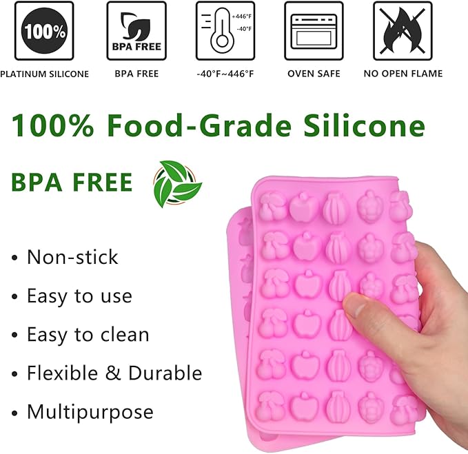 5 PCS Gummy Candy Molds Silicone, Food Grade Non-Stick Gummy Bear Mold Mini Fruit Snacks Molds BPA Free with 2 Droppers Including Mini Dinosaur, Bear, Heart, Fruit and Donut (Multicolor)