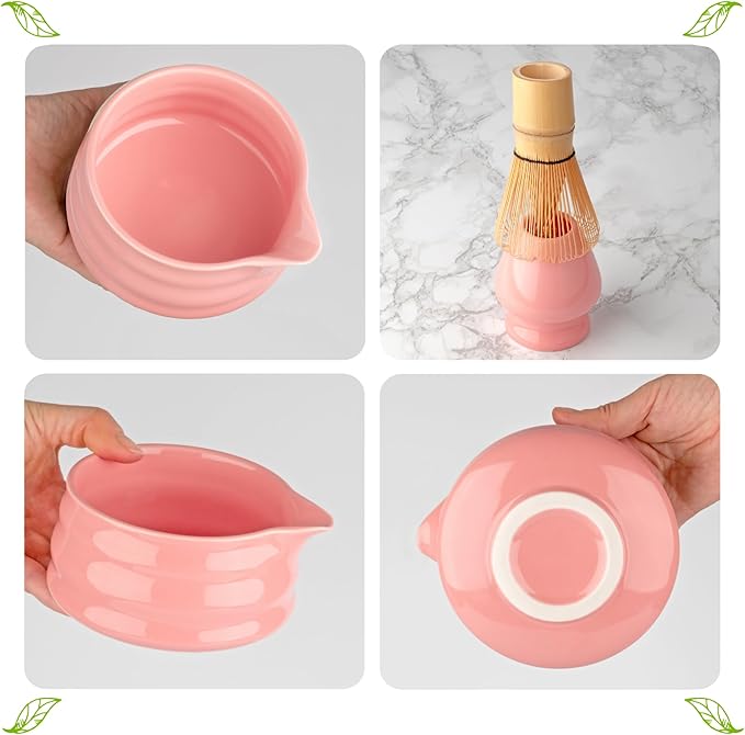Matcha Whisk Set- Matcha Set includes Matcha Whisk and Bowl with Spout, Sifter, Holder and Scoop- The Perfect Bamboo Whisk for Matcha Tea (Pink)