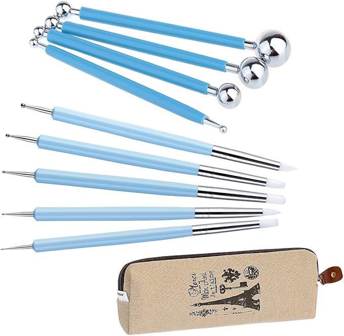 Ecjiuyi 9PCS Sculpting Tools,4PCS Double-Ended Metal Ceramic Clay Ball Stylus Dotting Tools and 5PCS 2 Way Silicone Polymer and Embossing Paper Flower Indentation Tool Set