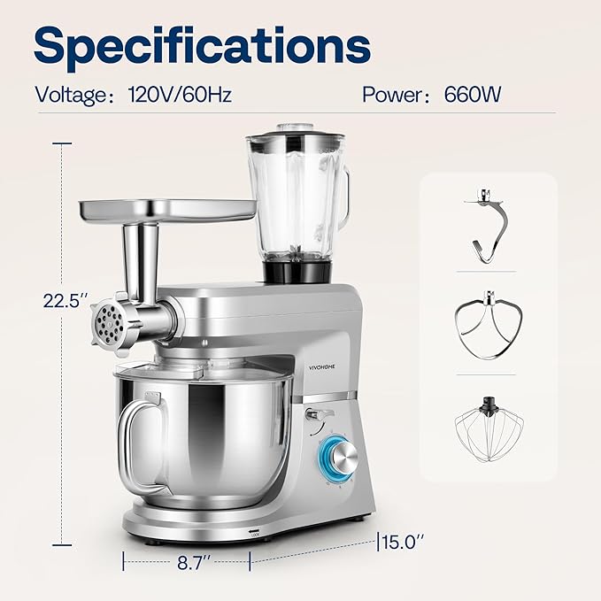 VIVOHOME 6 in 1 Multifunctional Stand Mixer with 8.5 Quart Stainless Steel Bowl, 660W 10 Speed Tilt-Head Meat Grinder, Juice Blender, Vegetable Slicer, Pasta and Cookie Maker, Silver