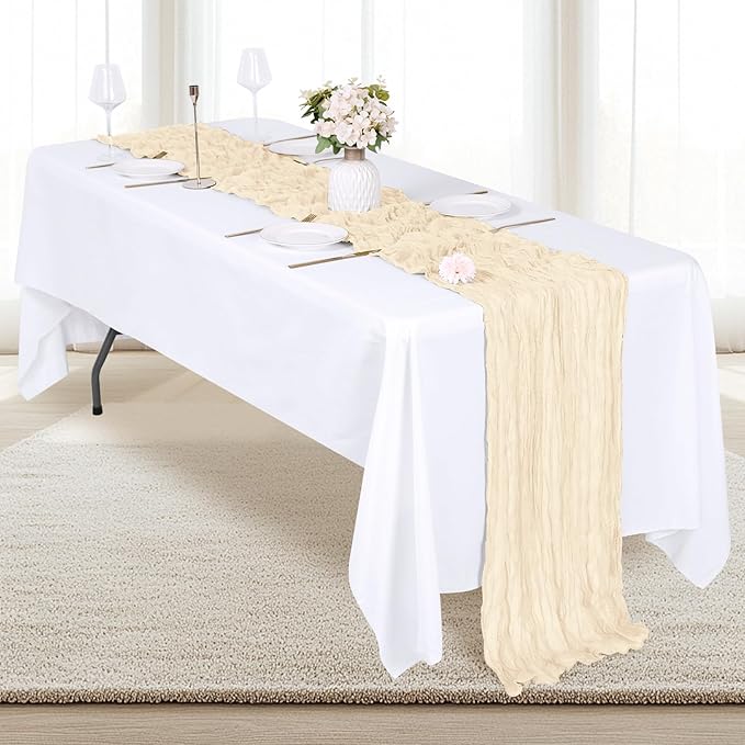 12 Pack Ivory Cheesecloth Table Runner 17x108 Inch Semi Sheer Boho Gauze Cheese Cloth Fabric Table Runners, for Wedding Party Baby Shower Birthday Home Decor Garden Farmhouse