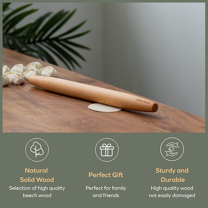 Muso Wood Wooden French Rolling Pin for Baking, Beech Wood Tapered Rolling Pin for Fondant Pie Crust Cookie Pastry(French 15.75-Inch)