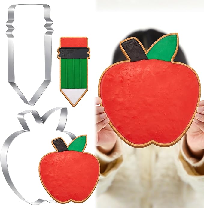 2 Pcs Large Back to School Cookie Cutters 8" Extra Large Apple and Pencil Stainless Steel Giant Cookie Cutter for Back to School Holiday Baking