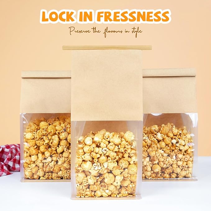 50 Pack Bakery Bags with Window, 5.1x3.9x11 Inches Tin Tie Tab Lock Resealable Cookie Bags for Packaging Bagels, Bread Loaf, Pastry, Baked Goods
