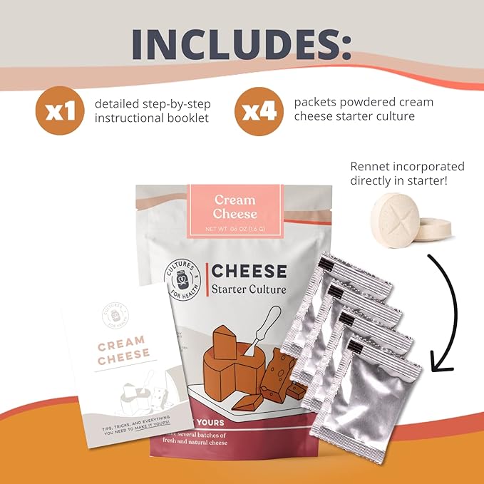 Cultures for Health Cream Cheese Starter Culture | 4 Non-GMO Direct-Set Packets & 2 Vegetable Rennet Tablets | DIY Creamy Spread for Bagels, Appetizers, Dips & Cupcake Frosting