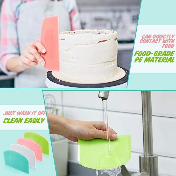 Thyle 20 Pcs Plastic Dough Scraper Set Bowl Multipurpose Dough Cutter Flexible Scraper Spatula for Kitchen Baking Tool Cake Bread Pizza Food Pastry Icing Fondant, White, Pink, Green and Blue