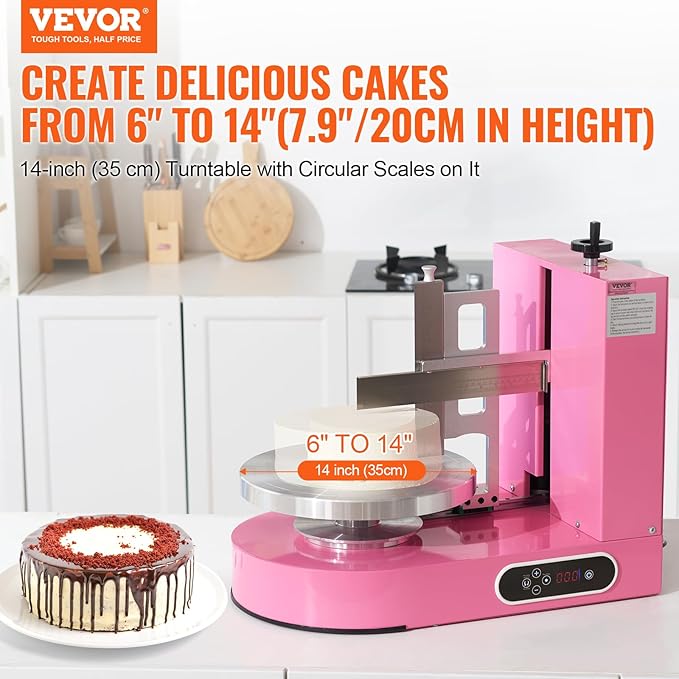 VEVOR Cake Decorating Machine, Cake Cream Spreading Coating Smearing Machine, Low Noise Cake Frosting Machine, Turntable with Adjustable Scraper, for 6" to 14" Cake, 25-320RPM Rotating Speed, Pink
