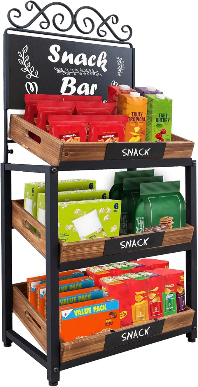 MyGift Fruit Stand and Produce Stand with Burnt Wood Trays, Bakery Display Rack, Bread Display Shelf, 3-Tier Vintage Metal Design with Chalkboard Signs