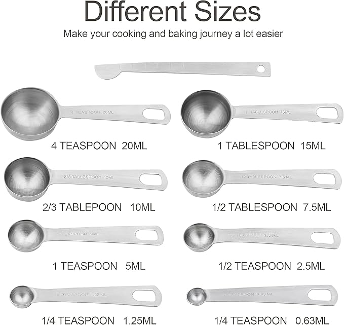 Measuring Cups and Spoons Set, Stainless Steel Measuring Cups, 18/8(304) Material Heavy Duty 7 Measuring cups and 8 Measuring Spoons 1 Leveler and 2 rings Pack 18pcs Per set