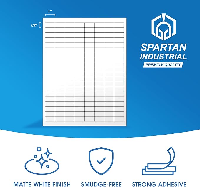 1" X 0.5" Matte White Printable Labels for Inkjet and Laser Printers - 30 Sheets, 4800 Custom Stickers for Address Labels, Price Tags, Barcodes, Inventory - Spartan Industrial Template R001