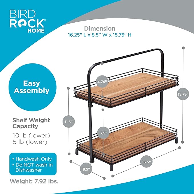 BIRDROCK HOME 2-Tier Wood & Iron Serving Tray w/Handle – Rustic Farmhouse Dessert Server – Party Display Stand - Cupcakes, Appetizers, Fruits & Pastries – Modern Kitchen Tiered Platter – Natural